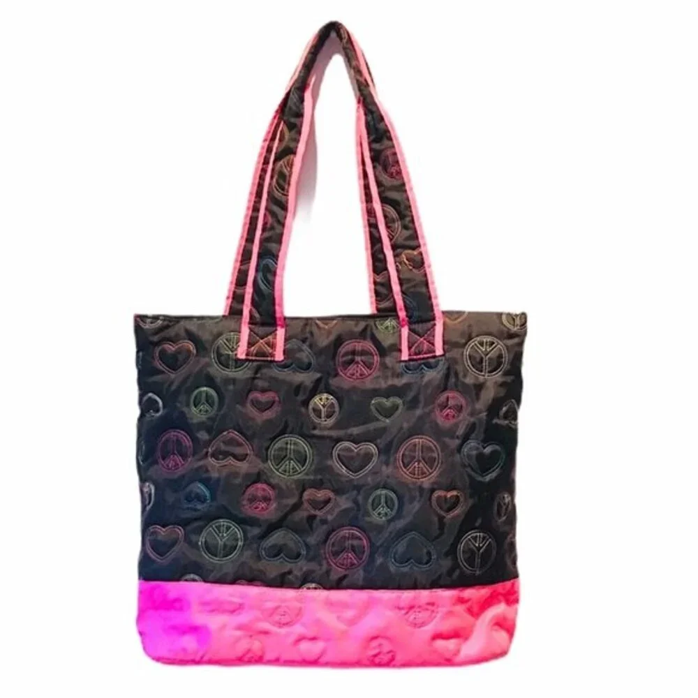 Justice Peace Tote Bag Quilted Sequin Black and Hot Pink